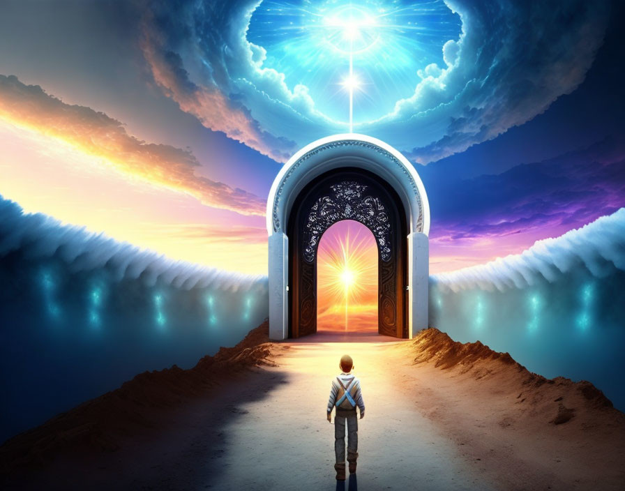 Child standing at ornate gate under surreal sky with bright horizon