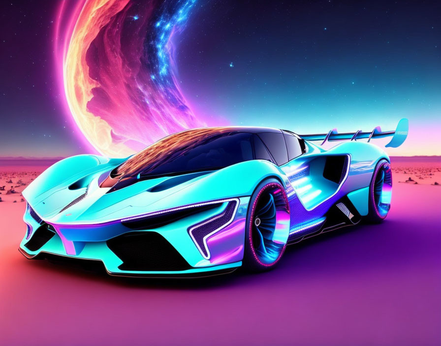 Futuristic race car in neon-lit desert with galaxy backdrop