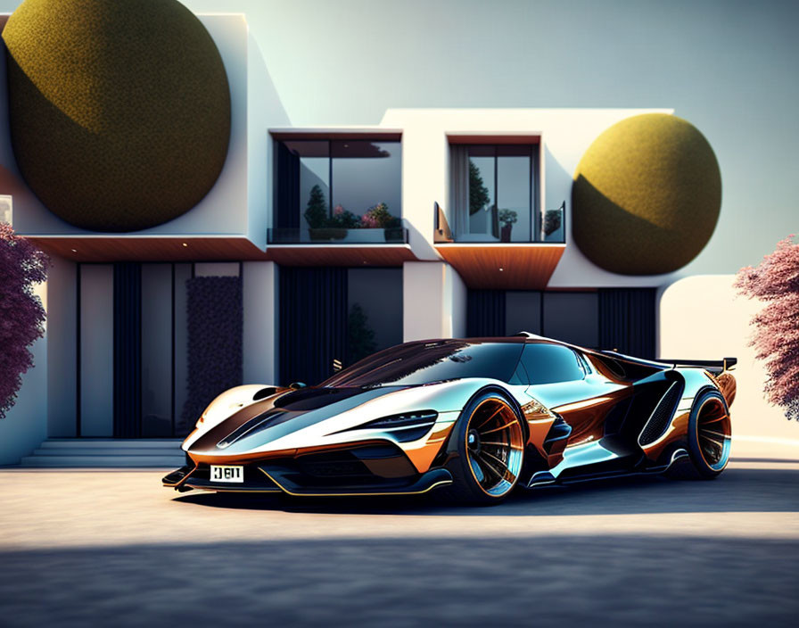 Futuristic supercar in high-gloss finish parked by modern house