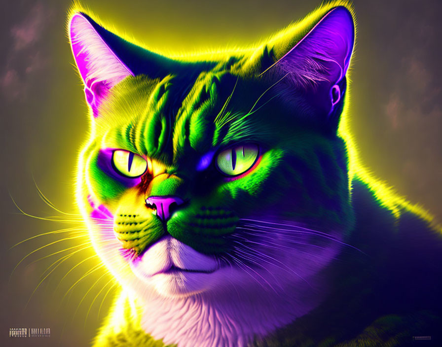 Colorful Digital Artwork: Cat with Green and Yellow Fur on Dark Background