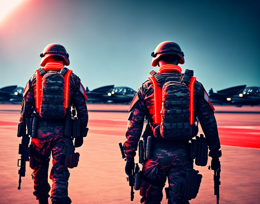 Military soldiers in camouflage with rifles on airfield, fighter jets in background, color-enhanced cinematic style