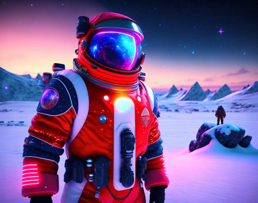 Astronaut in Orange Spacesuit on Icy Alien Landscape