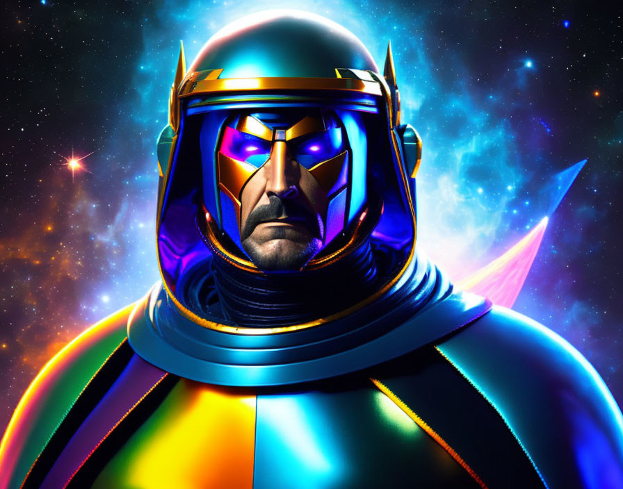 Colorful futuristic helmeted figure against cosmic starfield