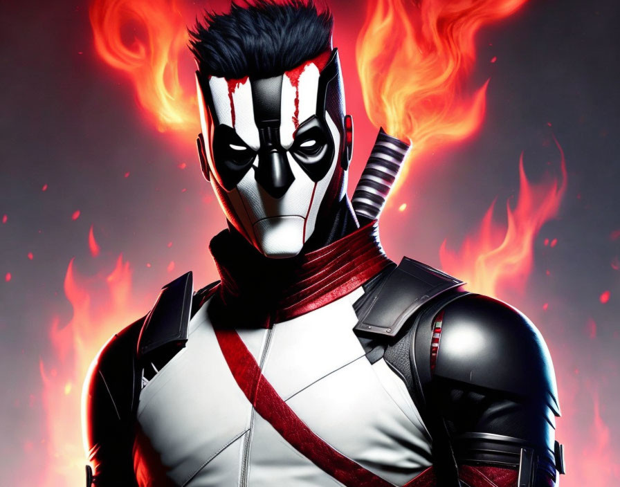 Stylized superhero in mask and costume against fiery backdrop