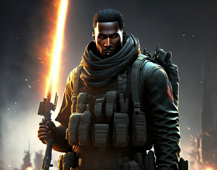 Digital Artwork of Stern-Faced Soldier with Rifle and Fiery Background