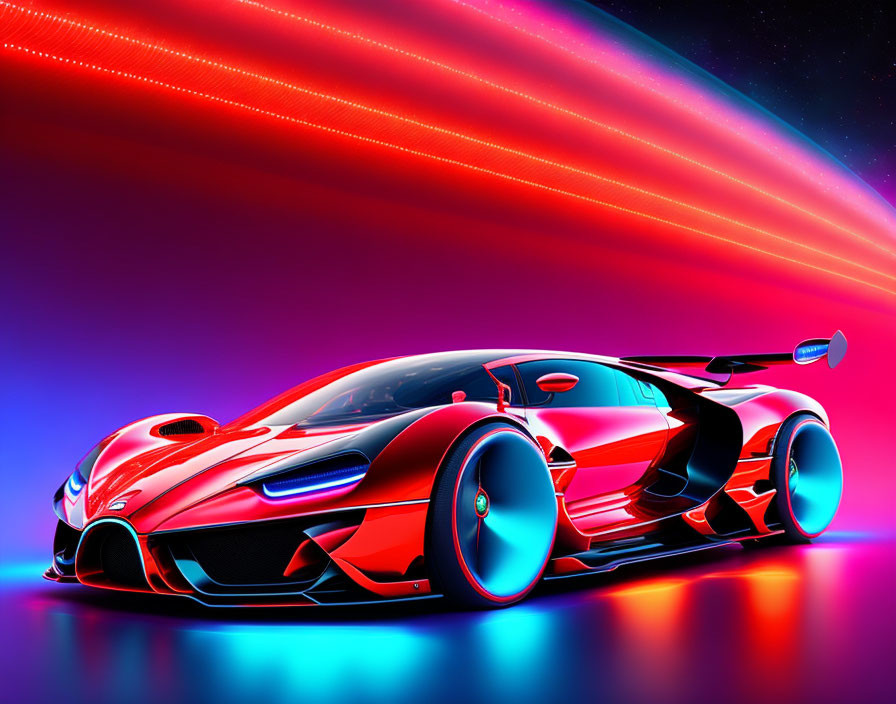 Futuristic red sports car with blue accents under neon lights