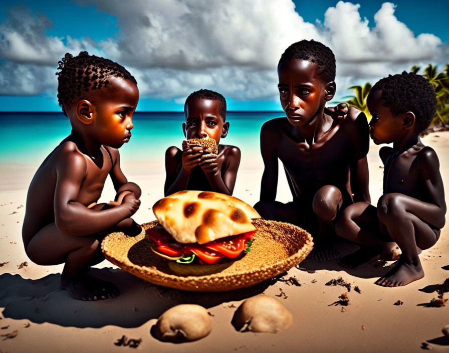 Four children on sandy beach with large sandwich and turquoise sea