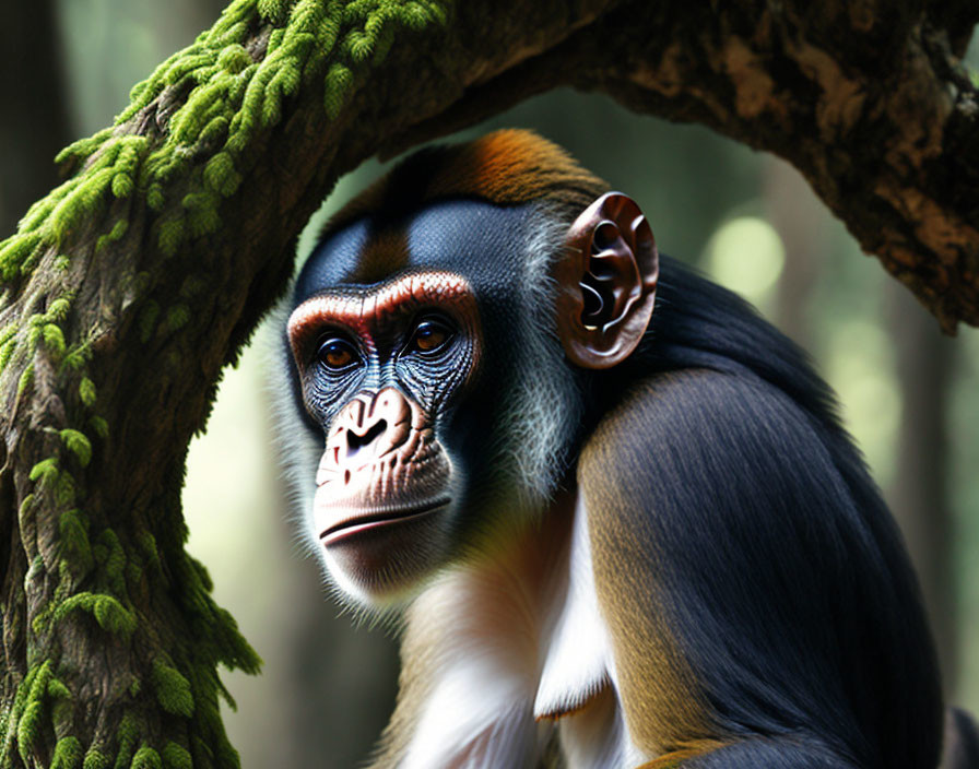 Vibrant mandrill with blue and red face in forest setting