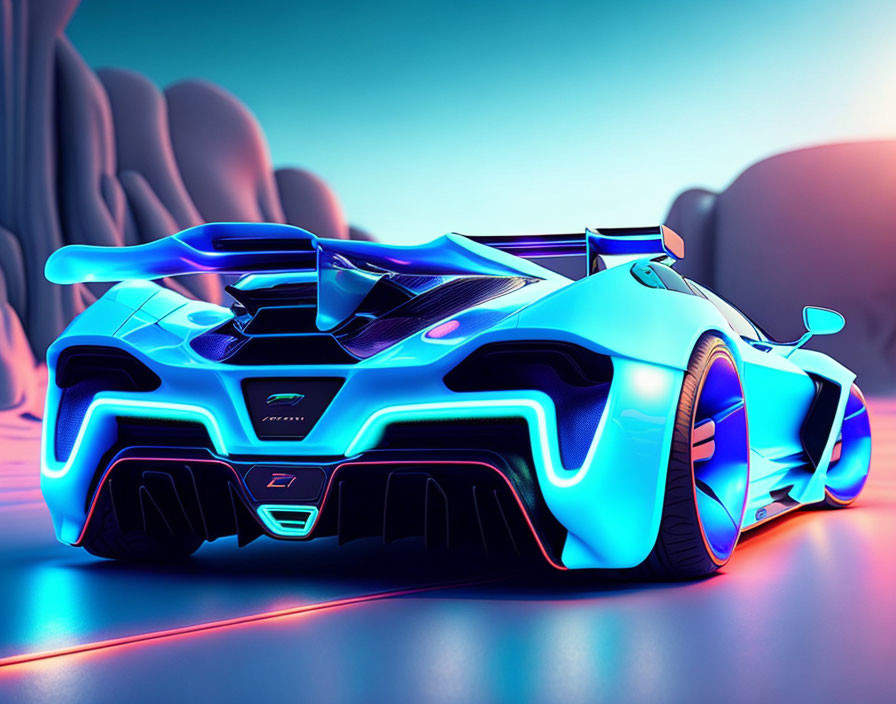 Futuristic blue sports car on neon-lit road with glowing accents