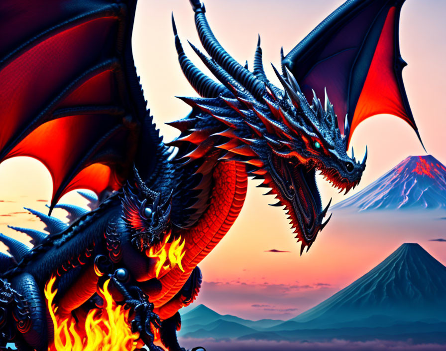 Black and Red Dragon with Glowing Eyes and Flames in Twilight Sky