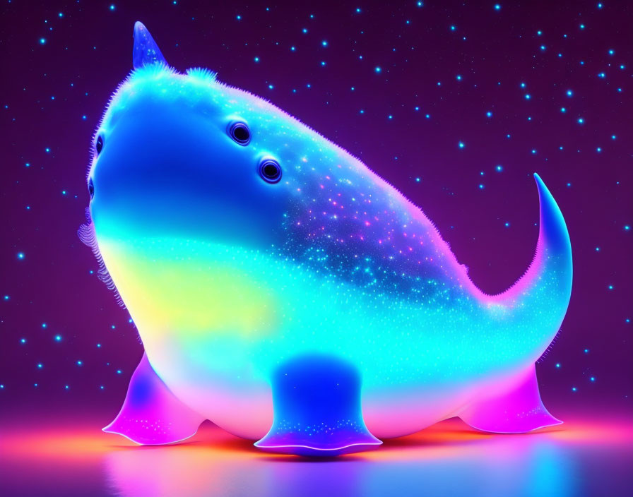 Neon-colored shark digital illustration on purple background