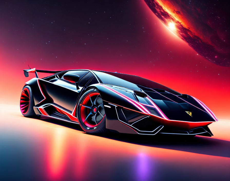 Black Lamborghini with Red Accents Against Cosmic Background