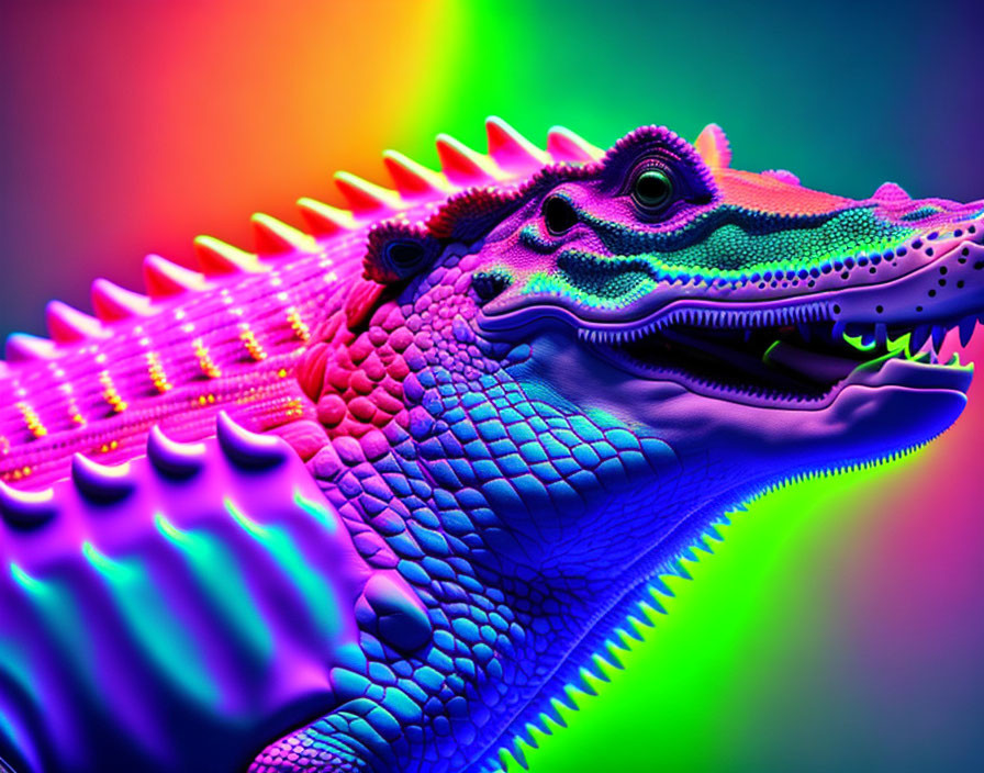 Vibrant digitally altered iguana in neon colors on rainbow background