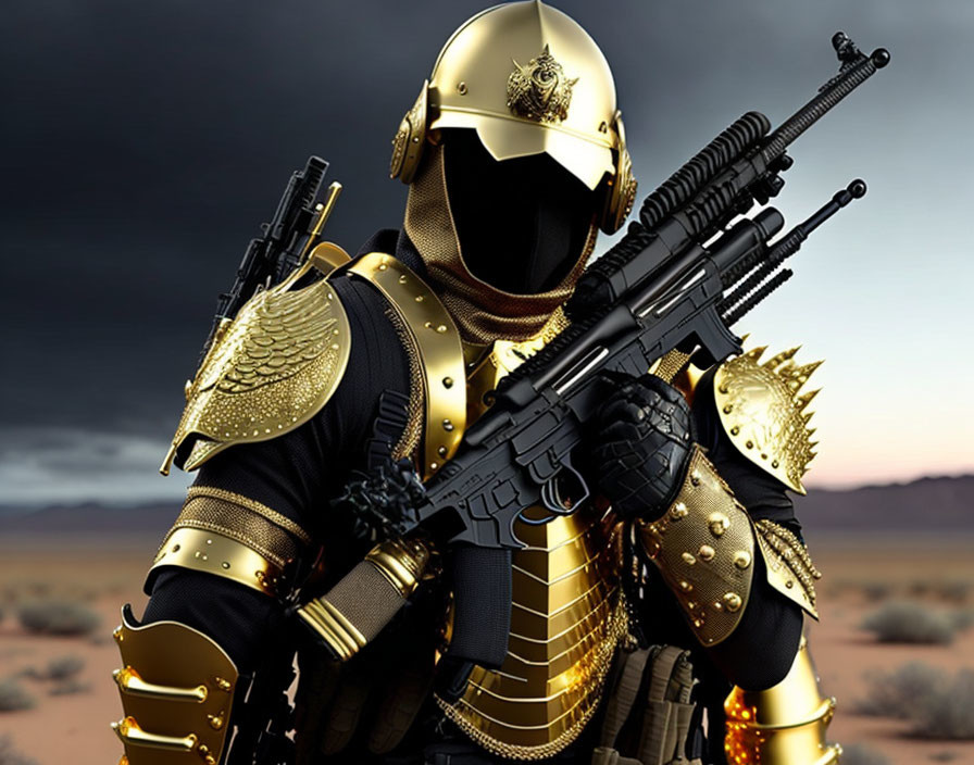 Golden Tactical Armor Person with Modern Rifle in Desert Setting