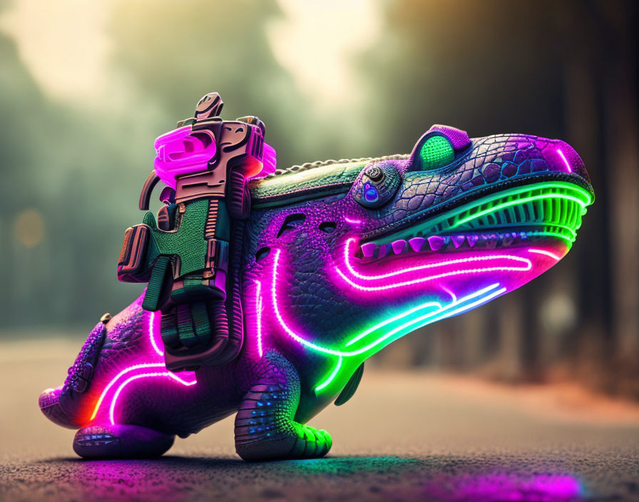 Neon-lit alligator sculpture in pink and green with tactical gear