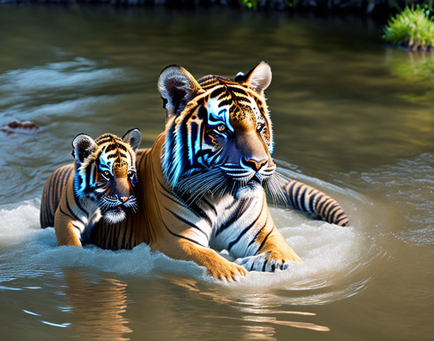 Tiger and Cub Swimming Together in Water