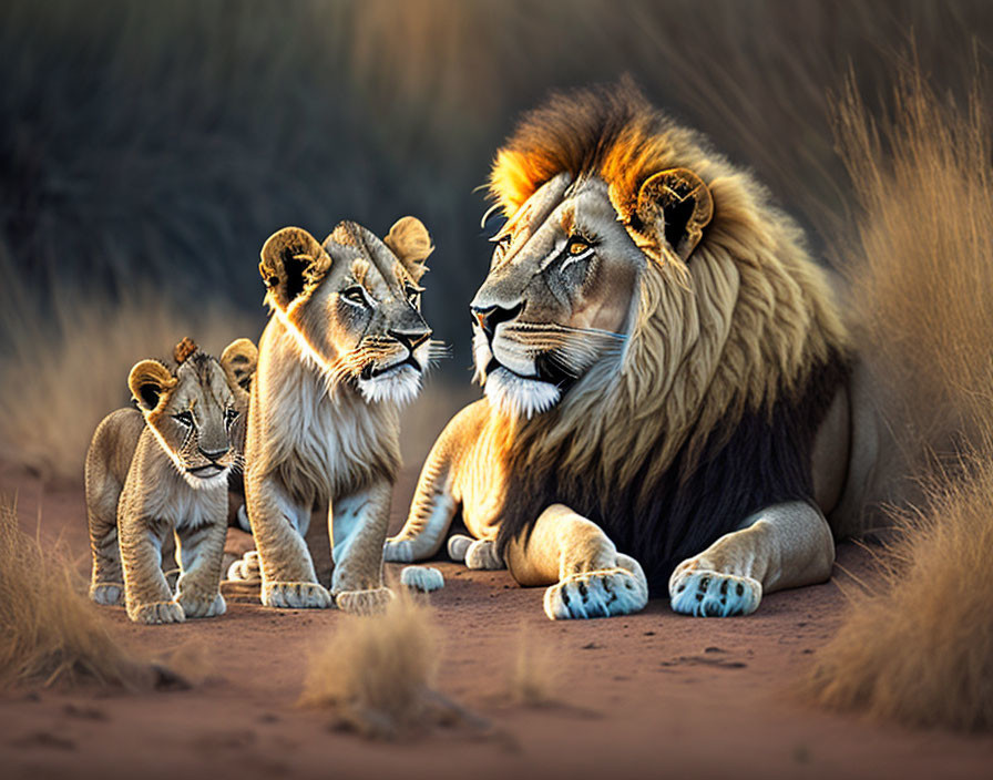 Male Lion with Thick Mane Resting Beside Three Lion Cubs