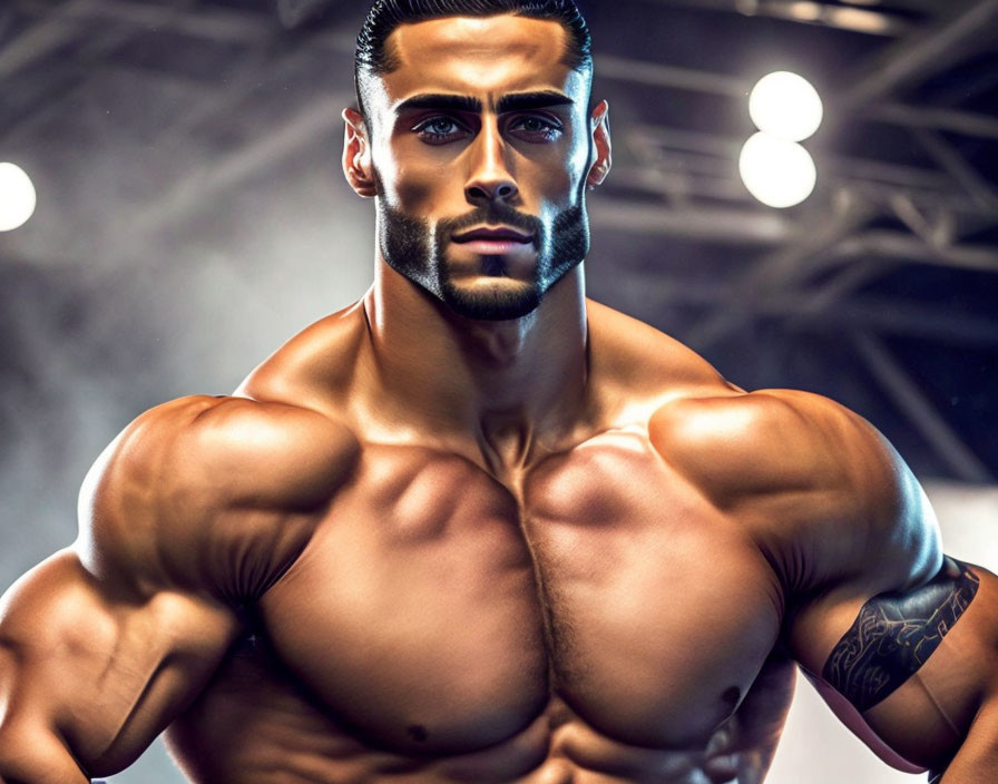 Muscular man with beard and tattoos showcasing defined physique under dramatic lighting