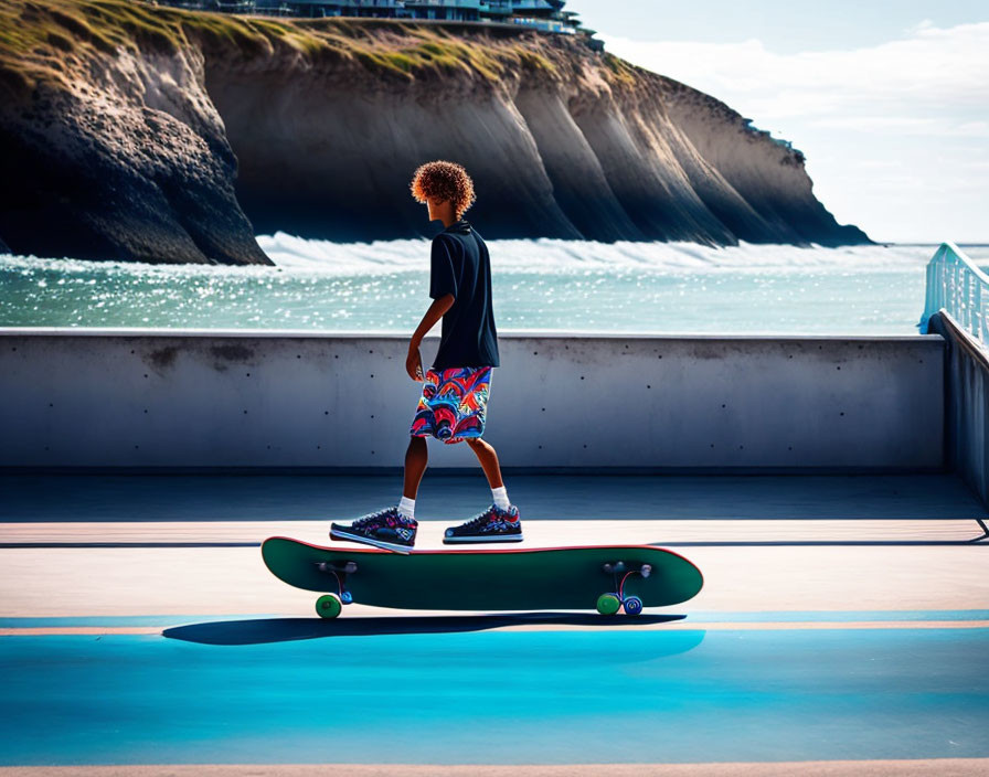 Skateboarder on Coastal Path with Blue Sky & Cliff