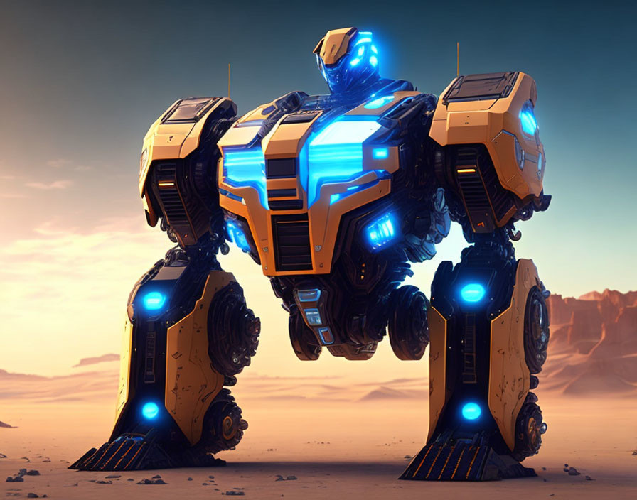 Futuristic blue and yellow robot in neon-lit desert landscape