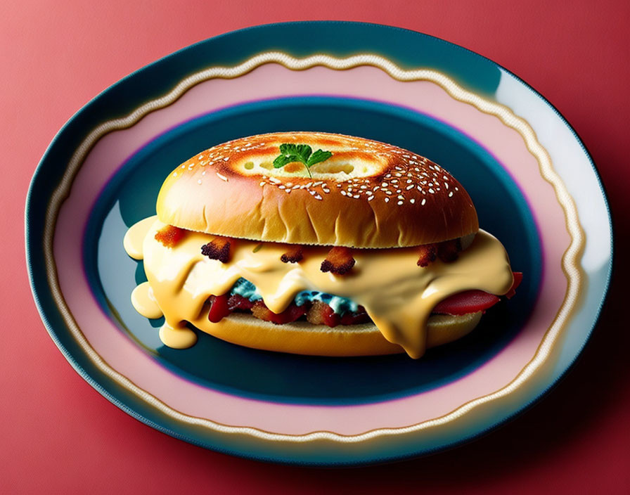 Sesame Cheeseburger with Bacon and Leaf Garnish on Colorful Plate