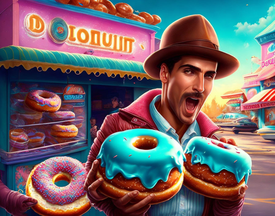 Colorful Cartoon Image: Man with Giant Blue-Glazed Donuts in Front of Donut Shop