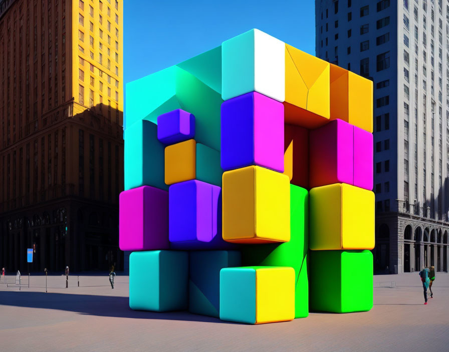 Vibrant 3D Rubik's Cube sculpture in urban plaza with people and skyscrapers