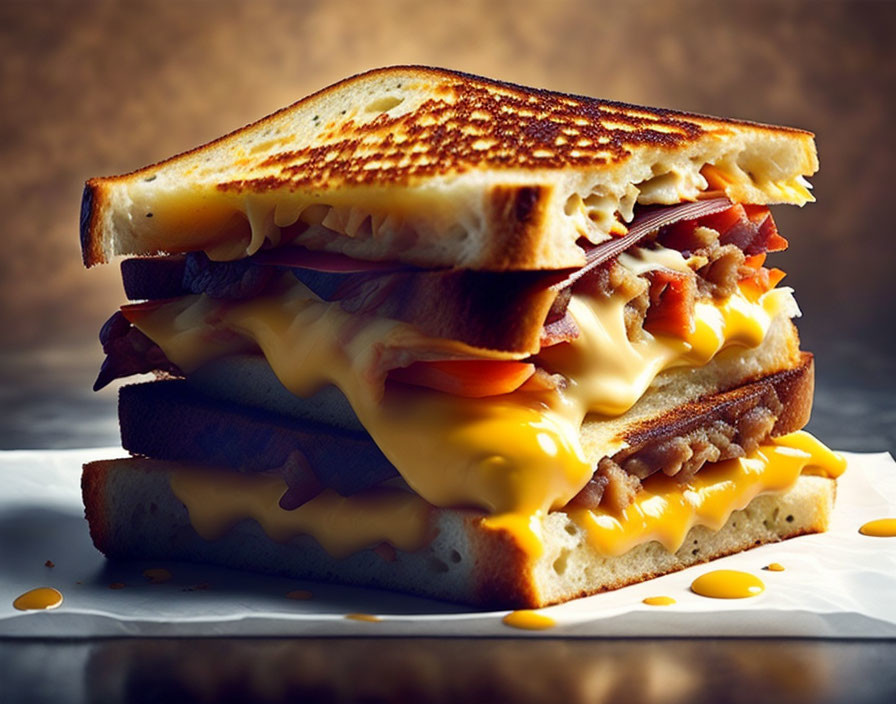 Melted Cheese, Bacon, and Tomato Toasted Sandwich with Oozing Cheese