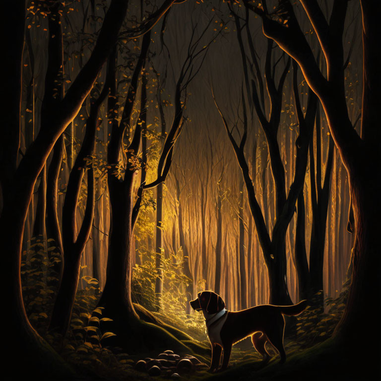 Mystical forest scene with serene dog in golden light