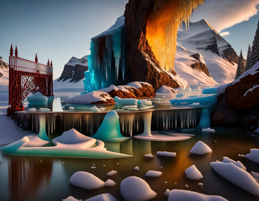 Surreal landscape with ice-covered waters, melting icicles, red bridge, snowy peaks