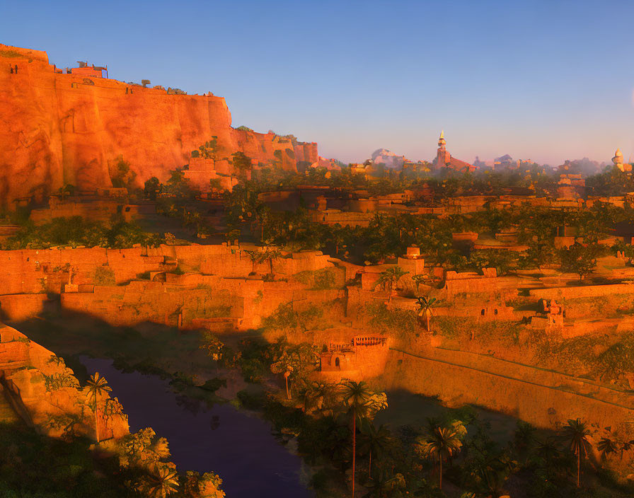 Golden sunrise over ancient fortified city with towering walls, palm trees, and serene river.