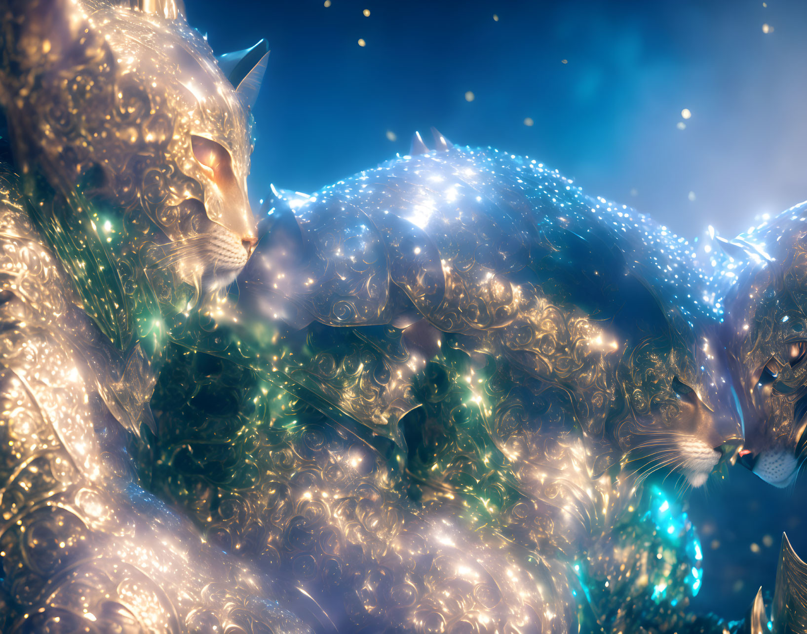 Celestial cat-like figures in glowing stardust on star-filled backdrop