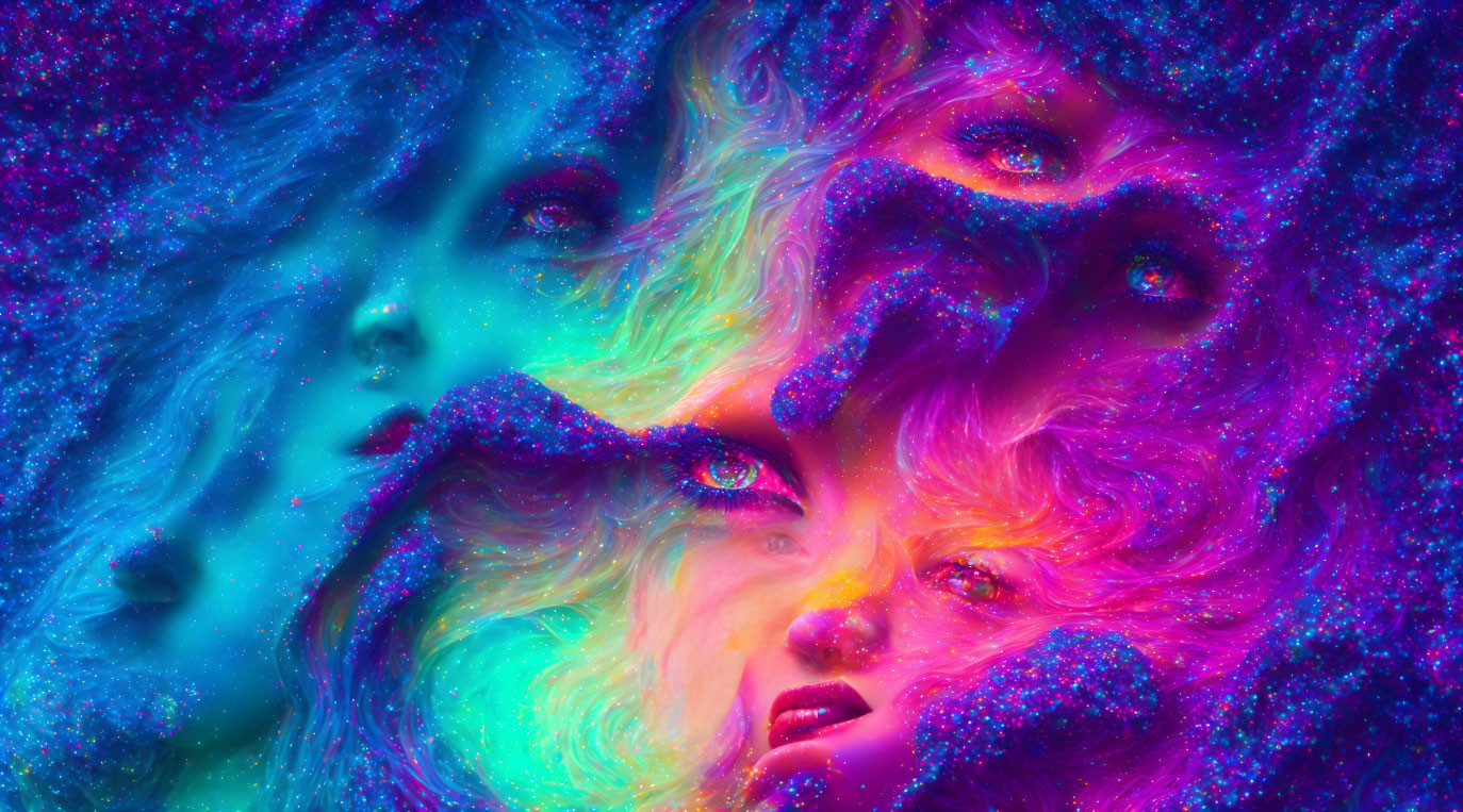 Colorful digital art: Multiple faces in cosmic background