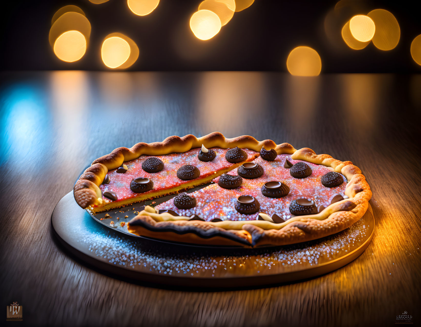 Chocolate Candy Dessert Pizza with Flaky Crust and Powdered Sugar