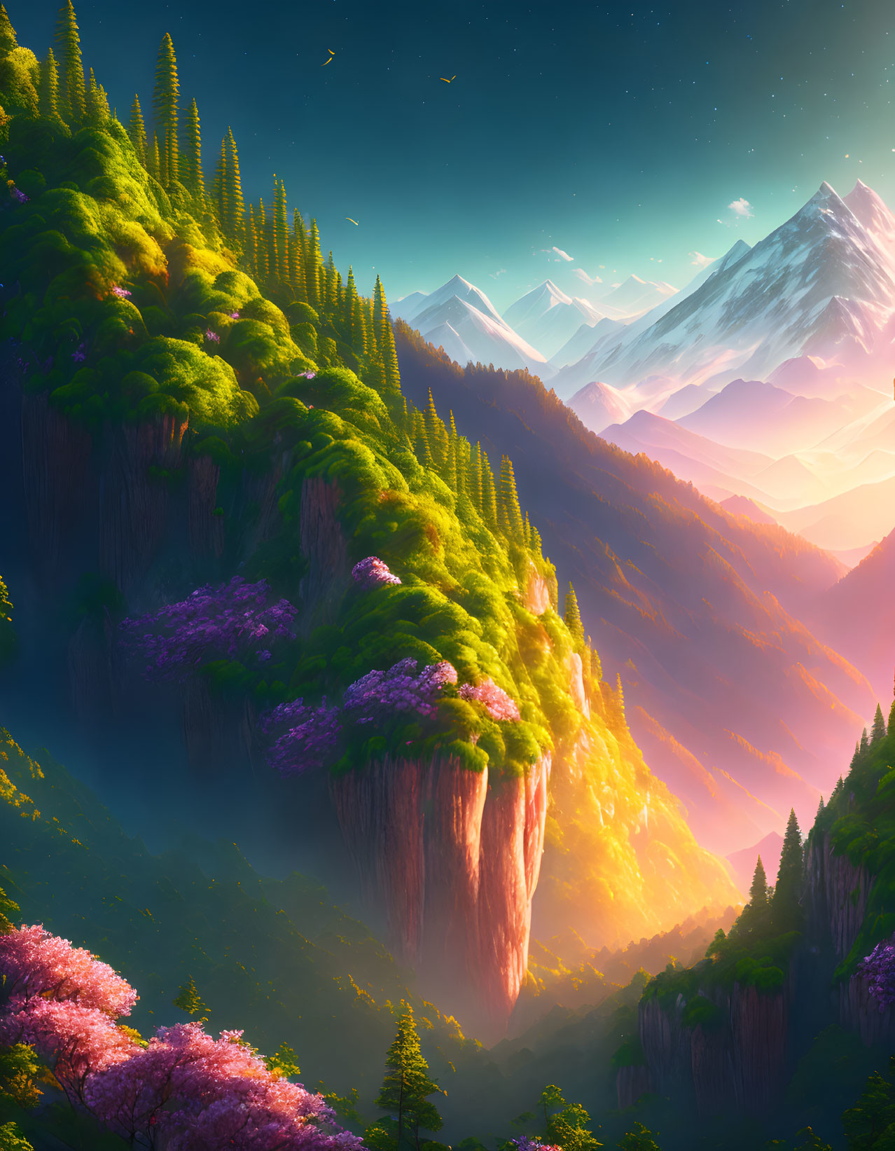 Vibrant digital artwork of mountainous landscape with greenery, cliffs, purple trees, birds,