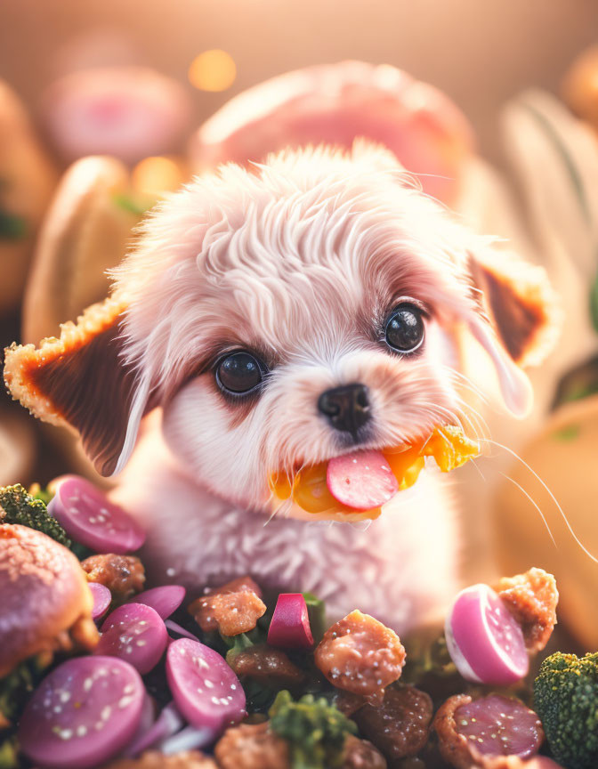 Adorable puppy with food assortment, licking face