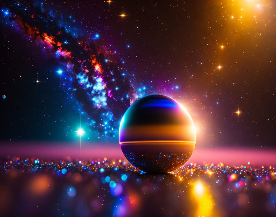 Colorful digital art: reflective sphere in cosmic scene