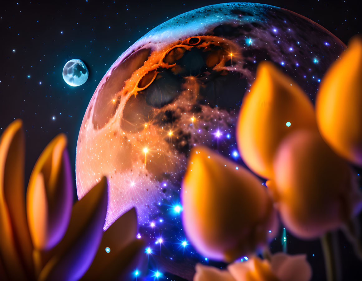 Bright flower-like structures and two moons in surreal scene