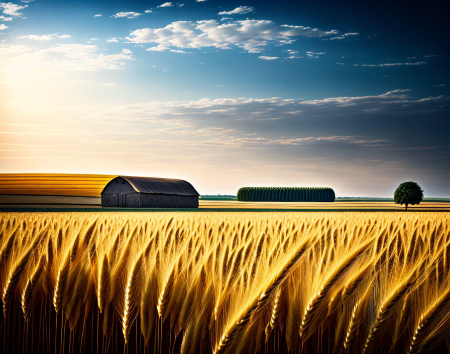 Rural landscape with golden wheat field, barn, tree, and dramatic sunset sky