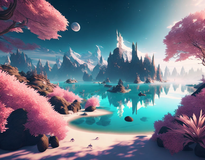 Fantasy landscape: pink trees, reflective water, floating rocks, distant mountains, pastel sky.