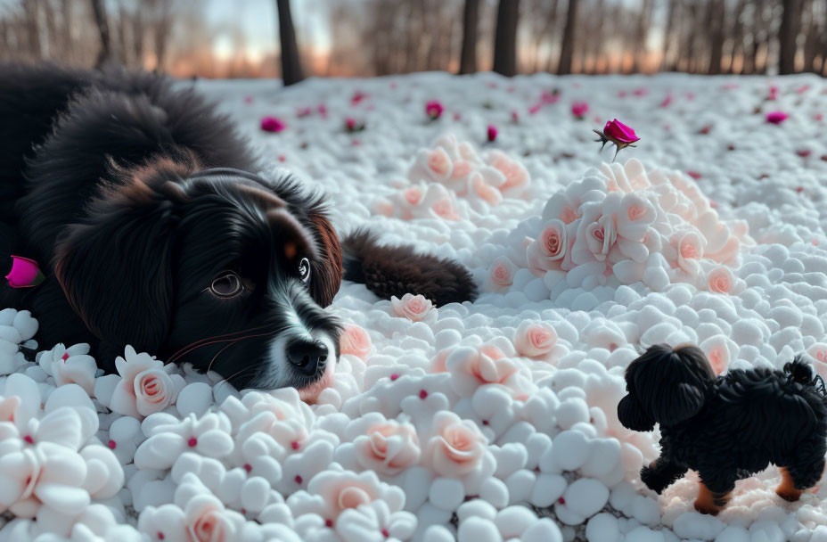 Black Dog Among White Roses with Small Dog Figurine on Ground