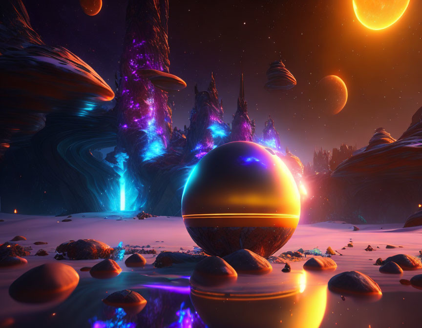 Colorful alien landscape with glowing orbs, exotic plants, and planetary sky