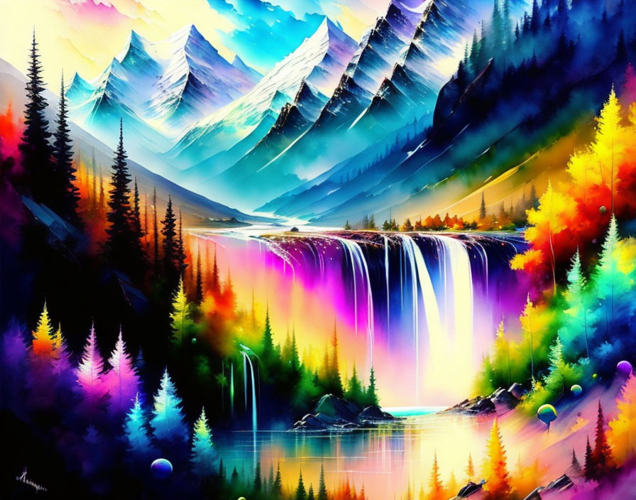 Scenic waterfall painting with colorful trees and mountains in serene lake