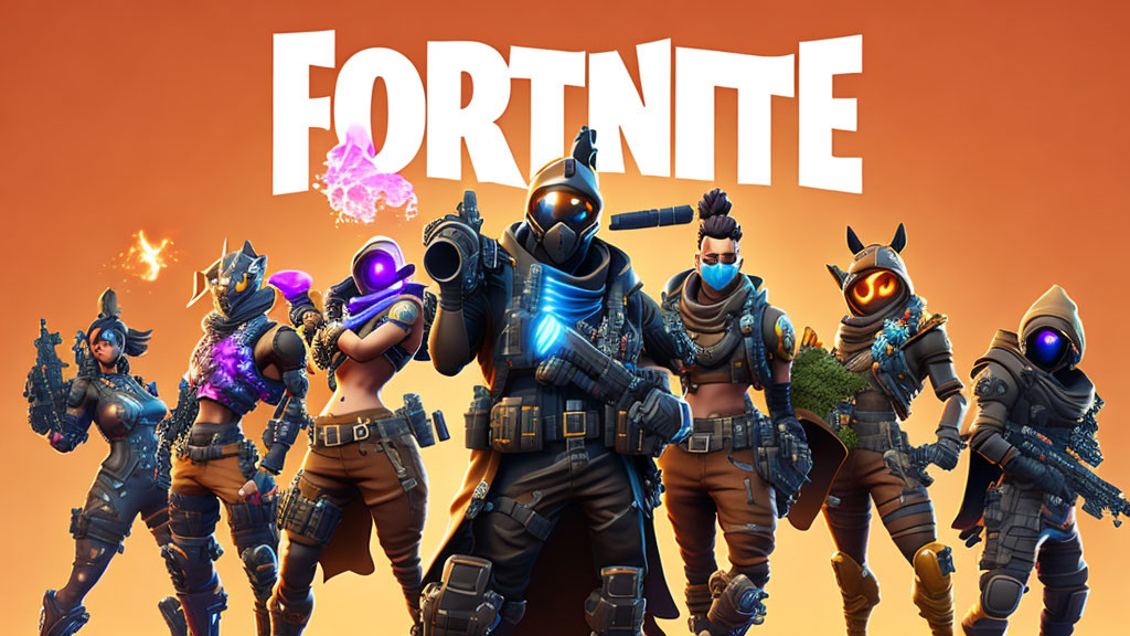 Diverse group of animated characters in combat outfits with Fortnite logo.