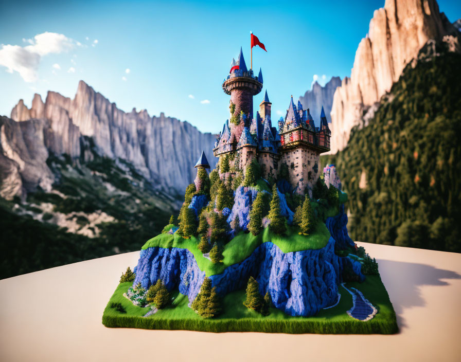 Miniature fantasy castle with towers and red flag on green hill with cliffs and blue sky