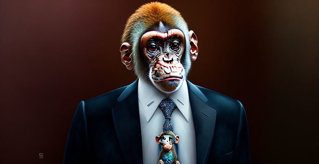 Baboon in suit with exposed skull and clown figure on tie