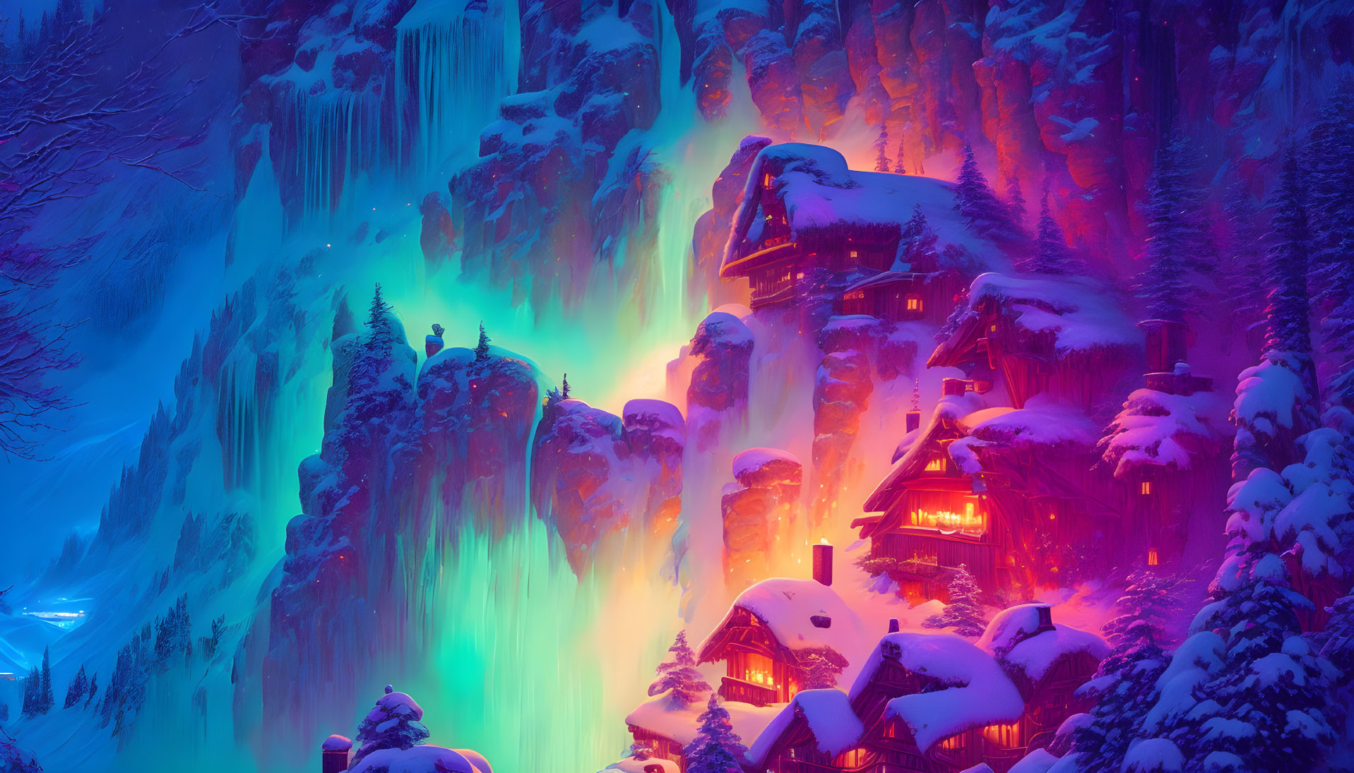 Snow-covered houses in vibrant auroras, forested cliffs, frozen waterfalls