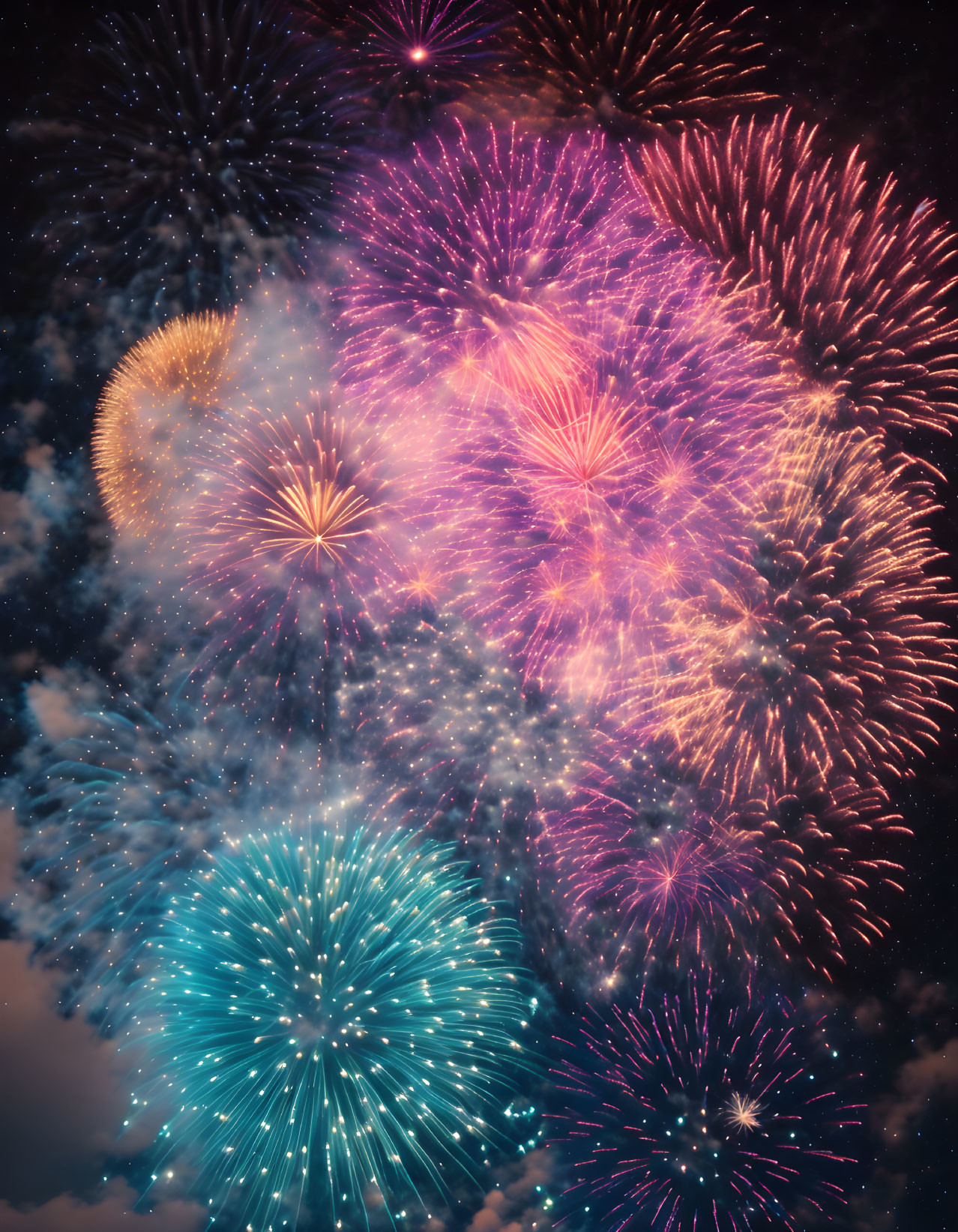 Multicolored fireworks illuminate night sky with purple, blue, and orange hues