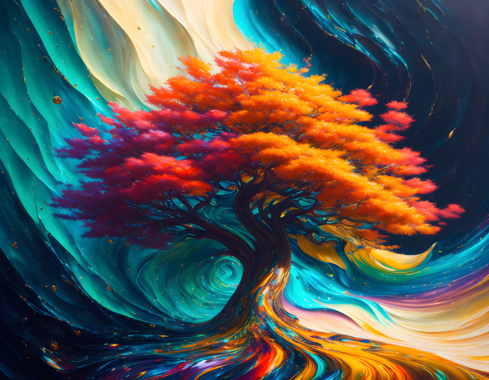 Colorful digital artwork: Tree with fiery orange and red leaves on abstract background