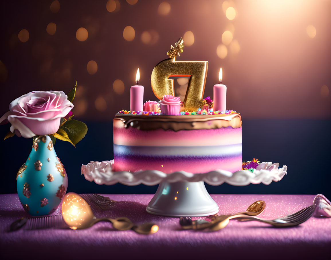 Golden '7' Candle Birthday Cake with Pink Rose and Lit Candles on Stand